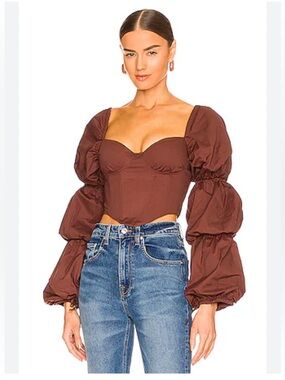 MAJORELLE Brown Corset Top with Voluminous Puff Sleeves